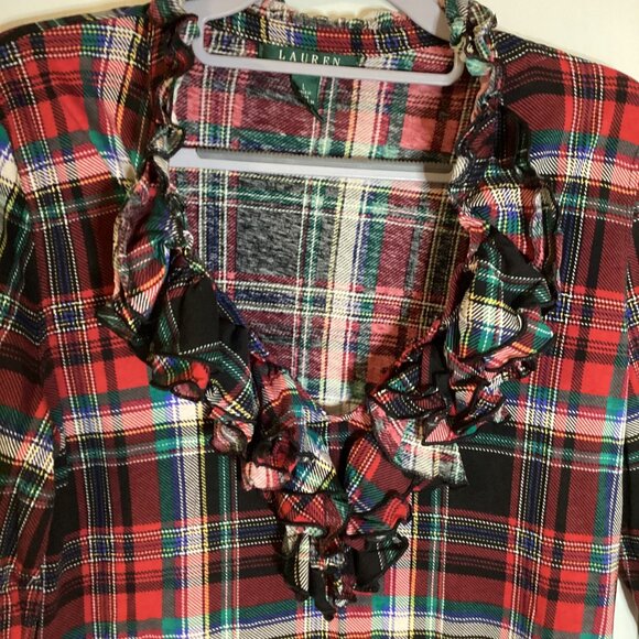 Lauren Ralph Lauren Women's Red Tartan Plaid Top Long Sleeve Blouse With Ruffles - Picture 3 of 8